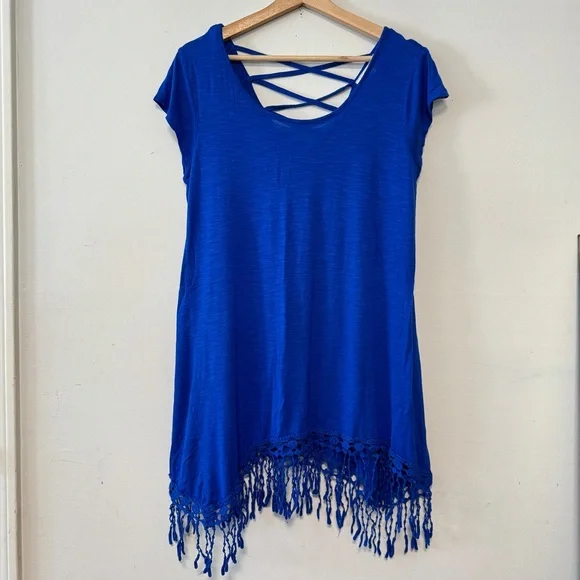 Blue Island Resortwear Royal Blue Coverup Crochet Short‎ Sleeve Beach Top NWOT - Picture 2 of 9